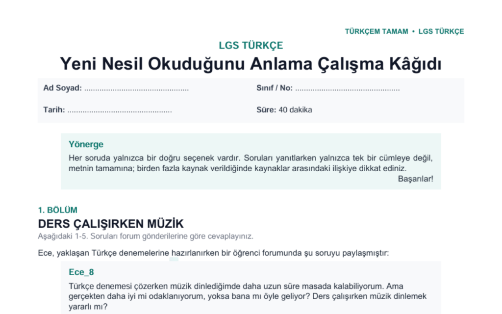 LGS Türkçe -Yeni Nesil Okuduğunu Anlama Çalışma Kâğıdı